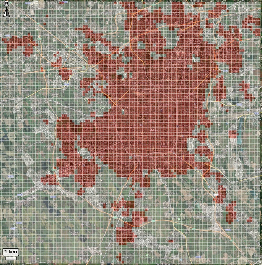 Map of Milan showing grid cells predicted by MAPLID as having a residential or home-related function.