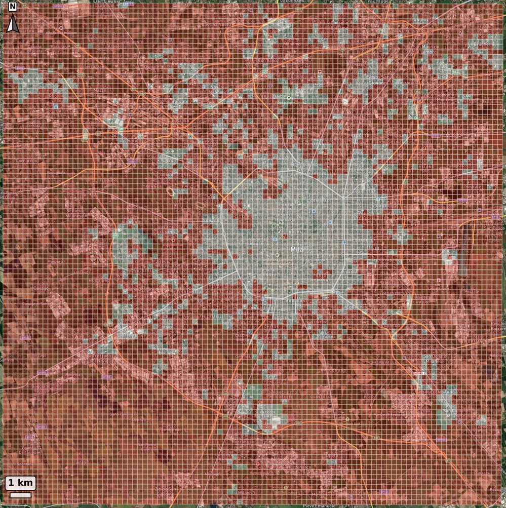 Map of Milan showing grid cells predicted by MAPLID as having a work-related function.